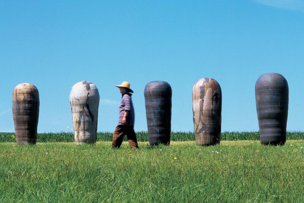 a person walking in a field with several large objects